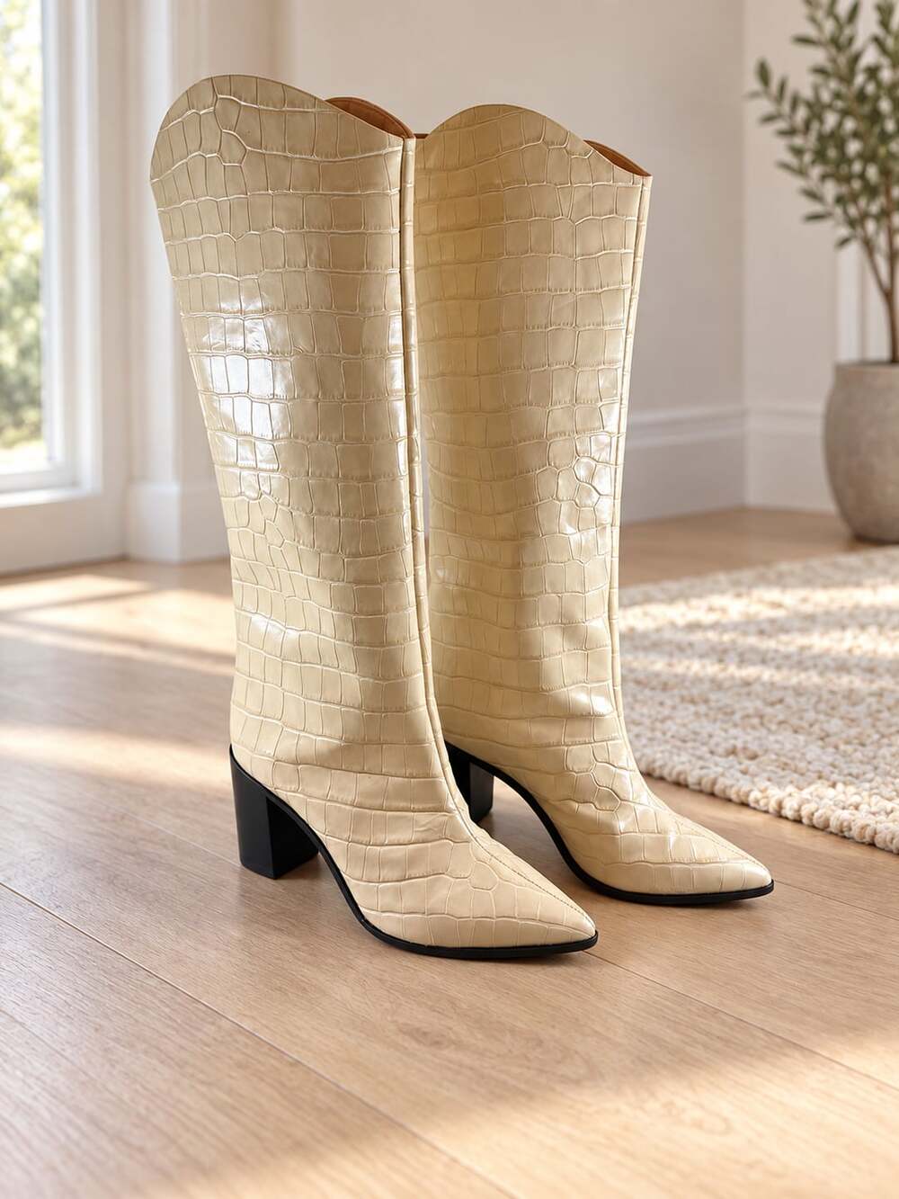 Schutz Analeah Croc Embossed Leather Knee High Boots Eggshell Size 8B
